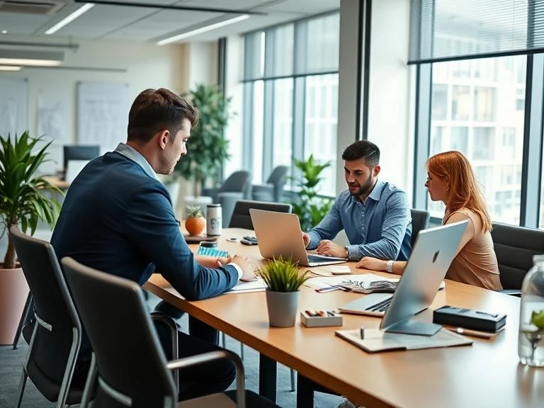 Three colleagues working on laptops in a bright modern office, discussing property management plans.
