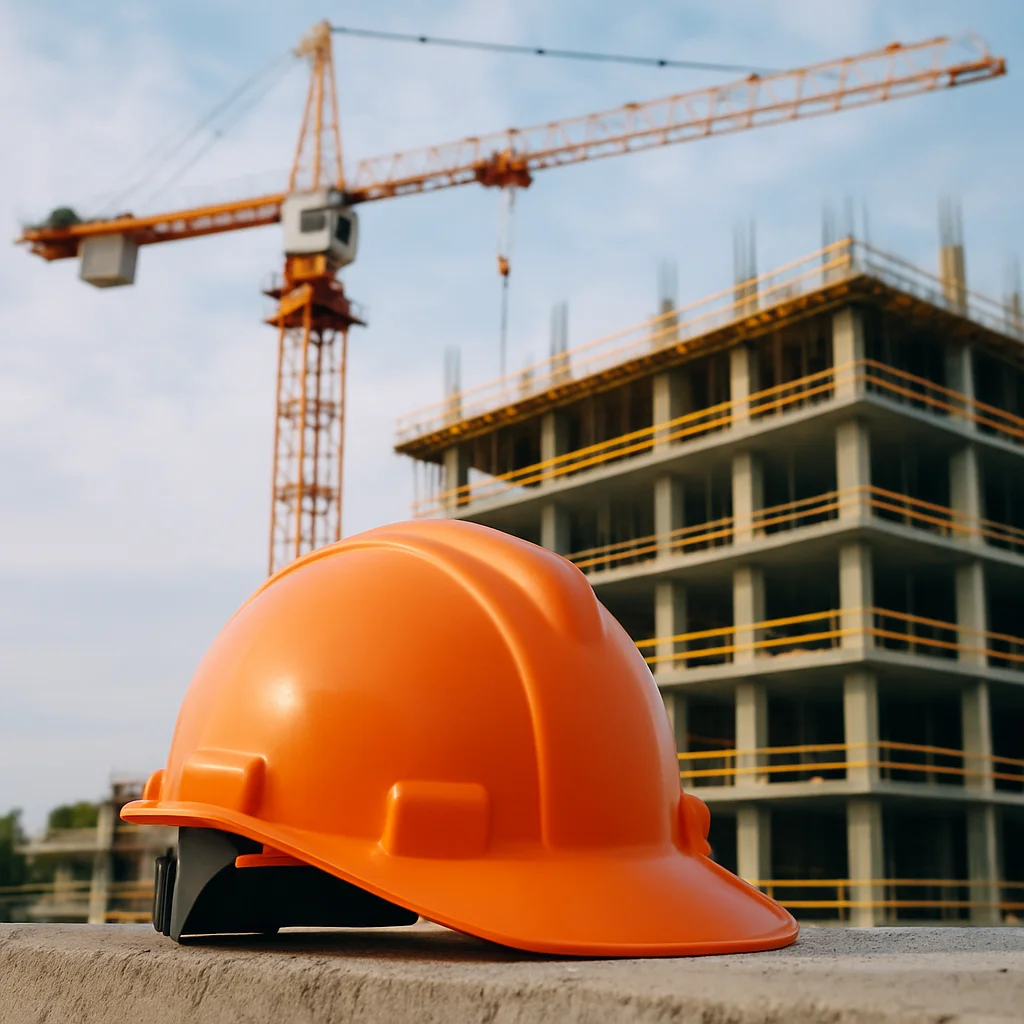 Orange construction hard hat on a building site with crane and structure in the background, representing professional construction and renovation services in West Sussex.
